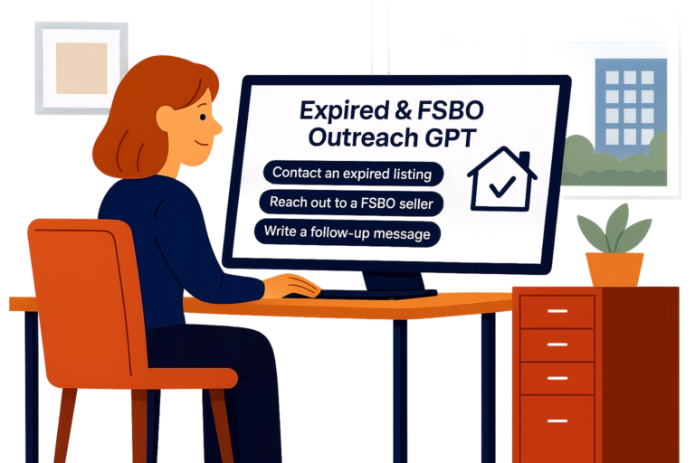 Flat-style illustration of a real estate agent using PromptPilot’s Expired & FSBO Outreach GPT on a laptop, with sample prompts for letters, call scripts, and tone variations displayed on screen.