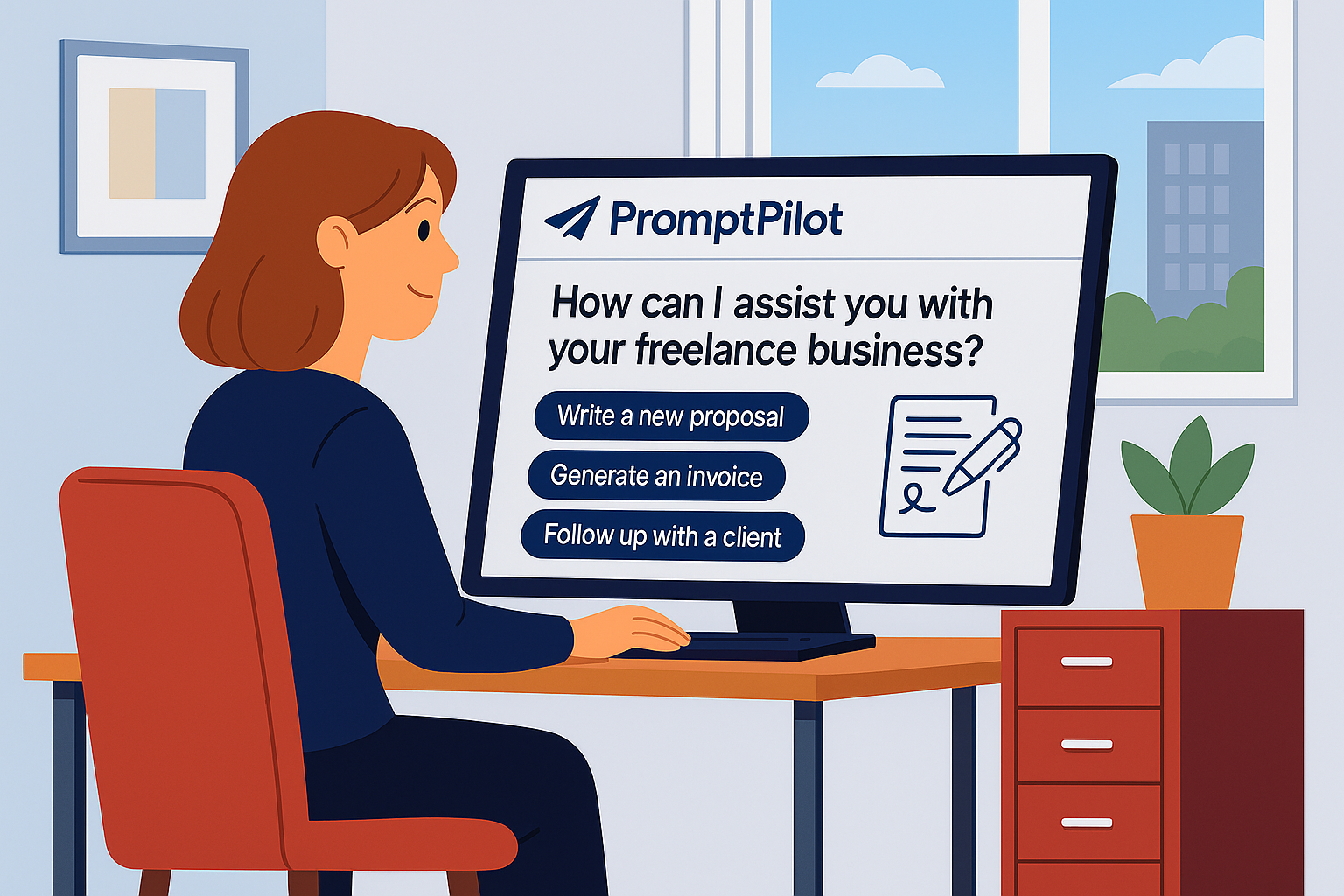 Freelancer creating a project proposal using PromptPilot’s AI assistant on a desktop computer