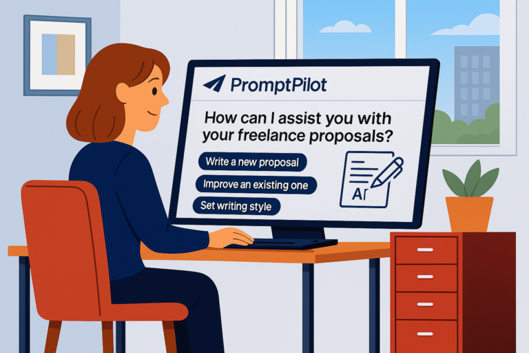 Freelancer writing a project proposal using AI on a desktop screen with PromptPilot tools