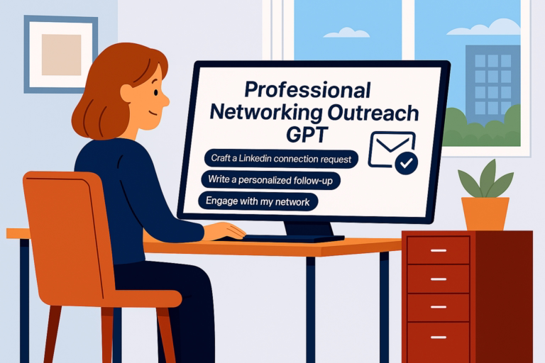 Illustration of a professional using a computer with Professional Networking Outreach GPT displayed, showing options to craft a connection request, send a cold DM, and build a follow-up sequence.