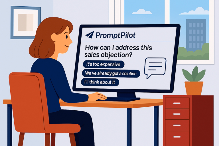 Sales rep using ChatGPT to handle client objections at a desk with PromptPilot on screen