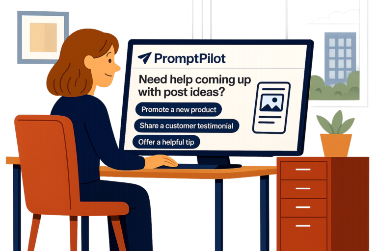 A solo entrepreneur sits at a desk using a computer, where an AI interface displays three options: “Instagram post ideas,” “Seasonal promotion ideas,” and “Brand-building content.” Flat-style illustration with a bright, professional workspace.